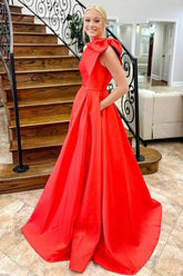 Gift of Love A Line One Shoulder Red Long Prom Dress with Bowknot